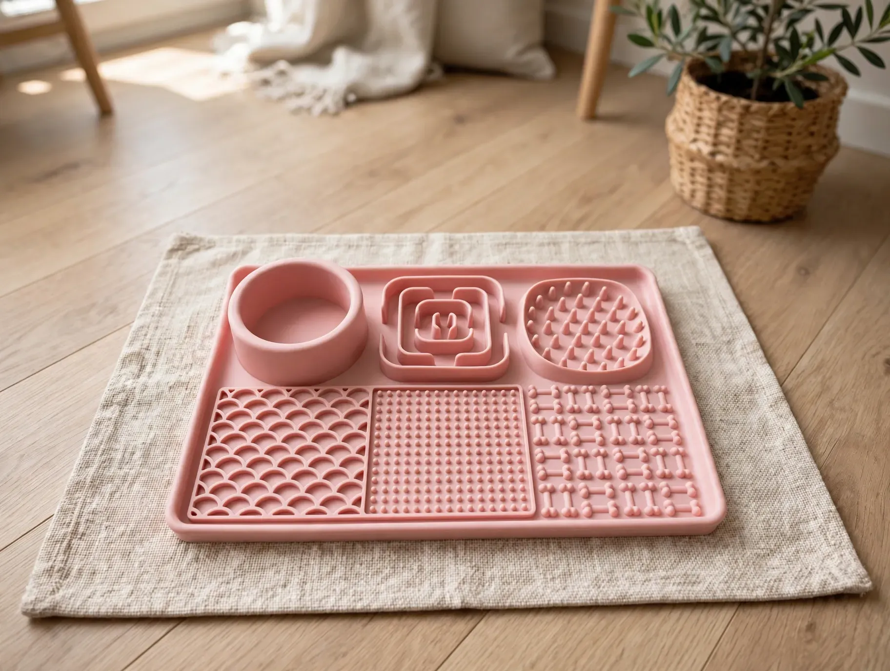 Alfombrilla rosa de silicona para alimentar mascotas con cuencos y secciones texturizadas