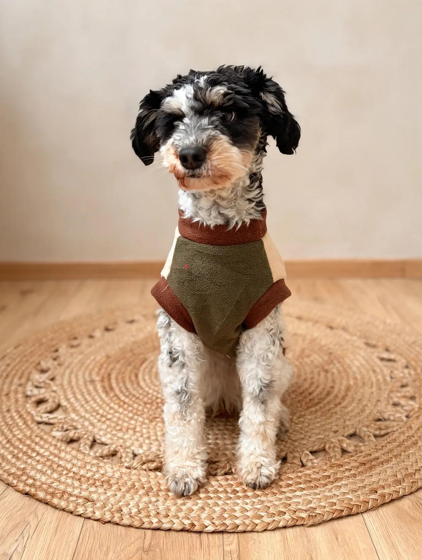 Perro pequeño blanco y negro con un suéter verde sentado sobre una alfombra tejida en el interior.