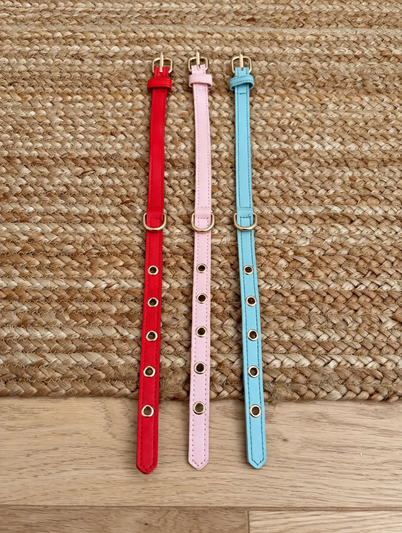 Tres collares para mascotas de colores pastel —rojo, rosa y azul— yacían uno al lado del otro sobre una estera tejida.
