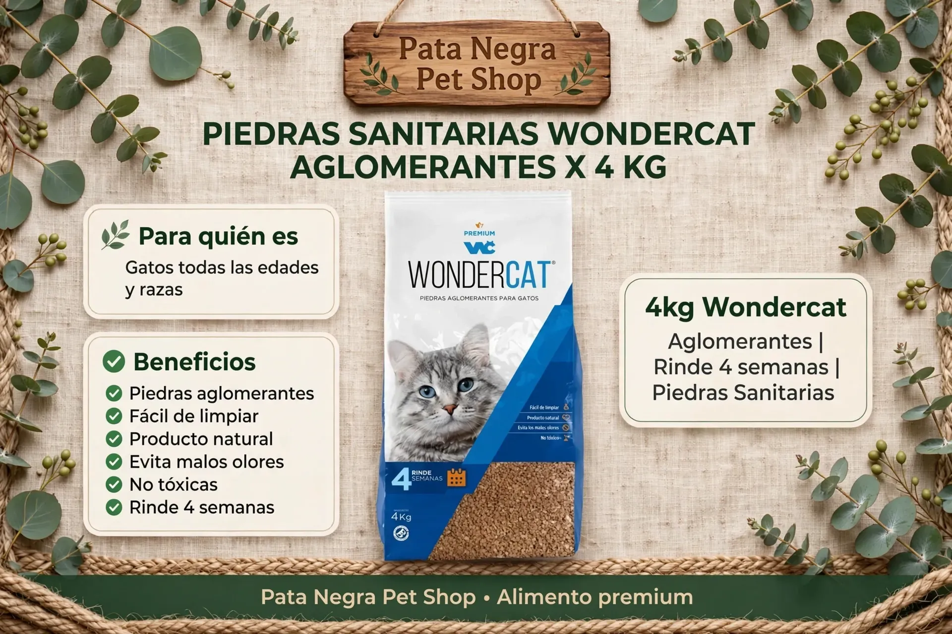 Piedras Esferas Bentonita Wondercat Neutral 4 Kg