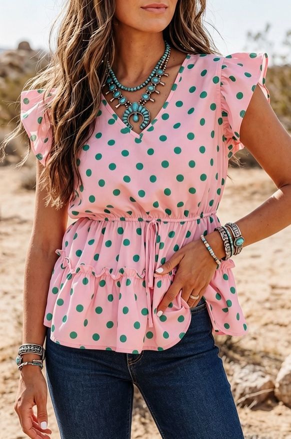 V Neck Polka Dot Print Drawstring Tiered Babydoll Blouse
