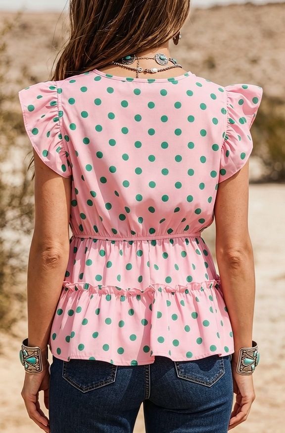 V Neck Polka Dot Print Drawstring Tiered Babydoll Blouse