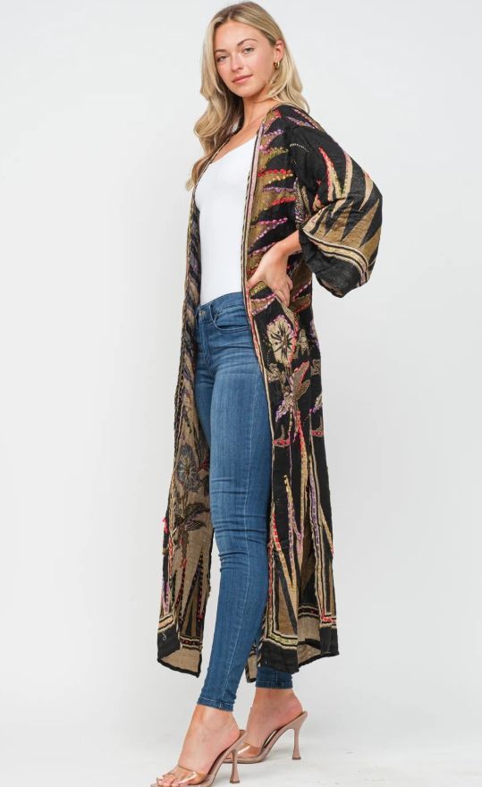 RAJ MEGHAN BLACK GOLD THICK STITCH EMBROIDERED DUSTER- ONE SIZE (FREE SIZE)