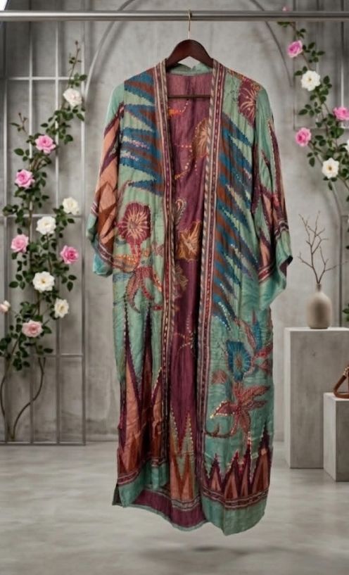 RAJ PAITYN THICK STITCH EMBROIDERED DUSTER- ONE SIZE (FREE SIZE) GREEH/BURG