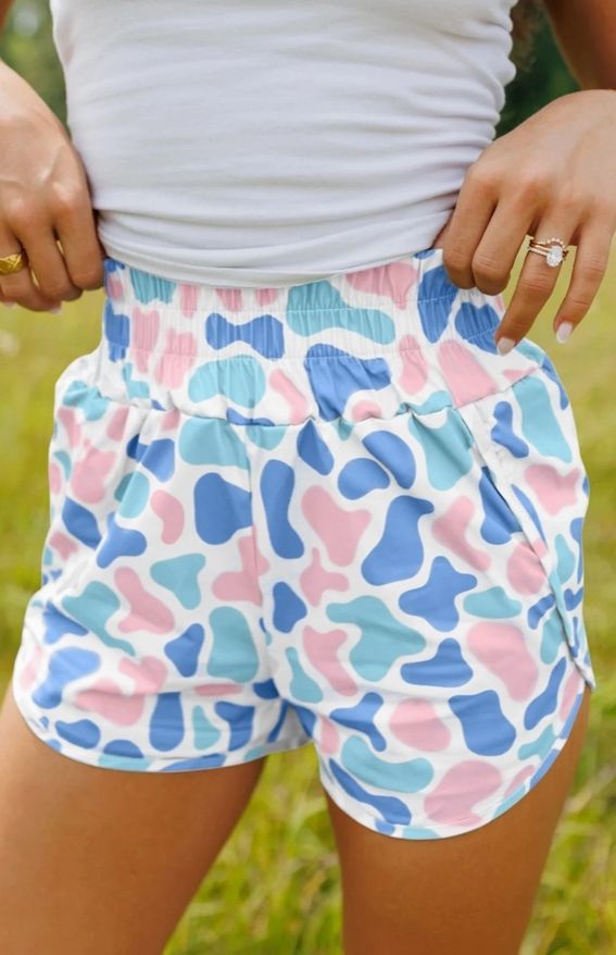 Fullsizcamouflage Print Shirred High Waist Athleisure Shorts- Sky Blue