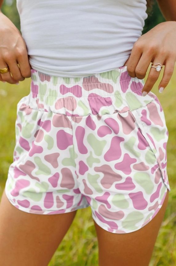 Fullsizcamouflage Print Shirred High Waist Athleisure Shorts- Green