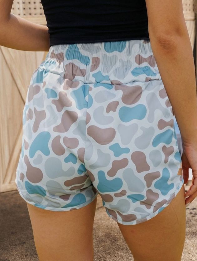 Fullsizcamouflage Print Shirred High Waist Athleisure Shorts- MULTICOLOR