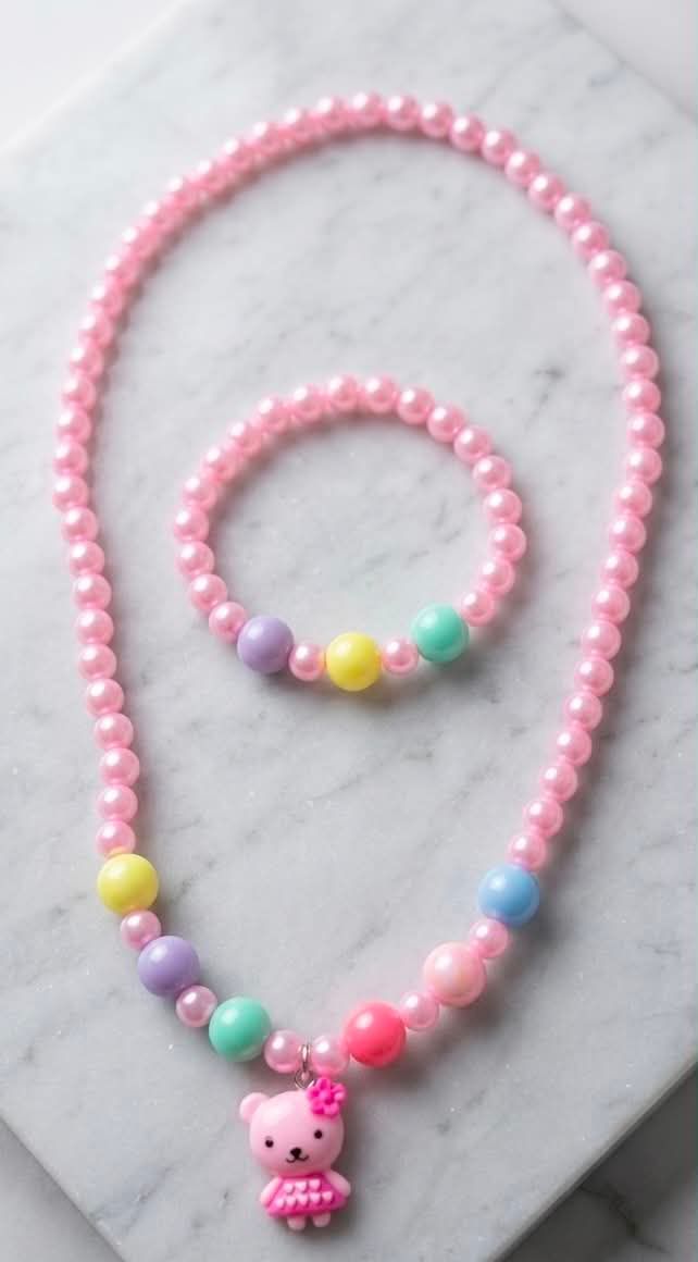 The Whimsical Bear Set Necklace and Bracelet (Pink)