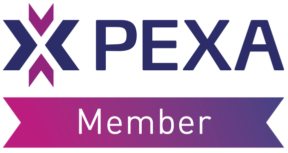 Pexa PEXA Member logo with purple and magenta ribbon design