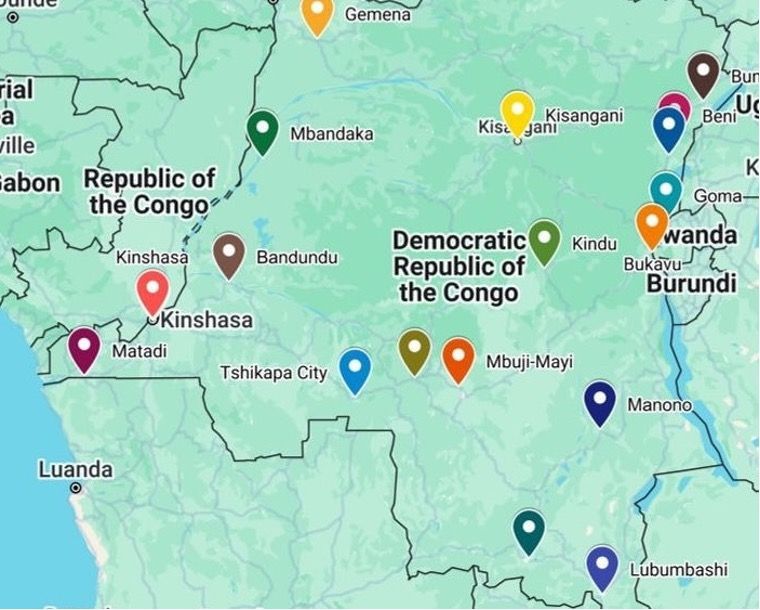 Offices in key towns: Gemena, Gbadolite, Kisangani, Mbandaka, Kinshasa, Matadi,
Kikwit, Tshikapa, Lodja, Kindu, Kananga, Lubumbashi (HQ), Kolwezi, Mbuji-Mai,
Manono, Bukavu, Goma, Butembo, Beni, Bunia, Watsa