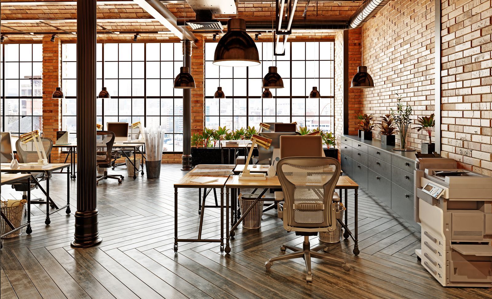 An office with a lot of tables and chairs and a printer.