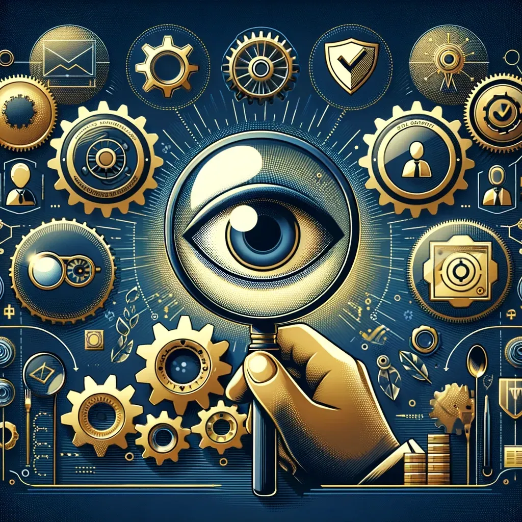 A hand is holding a magnifying glass with an eye in it.