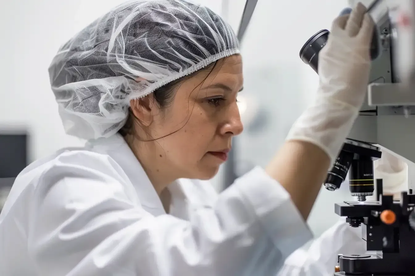 A woman in a lab coat is looking through a microscope.