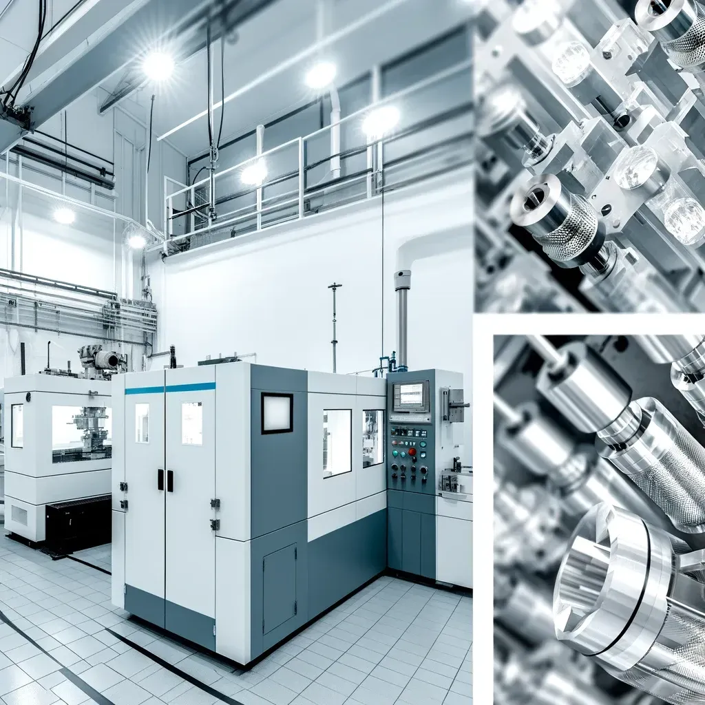 A collage of photos shows a machine in a factory