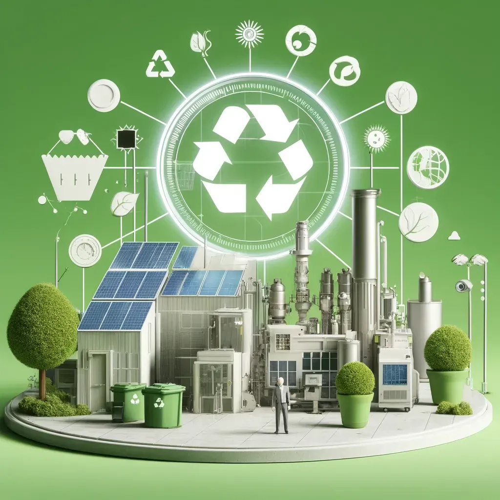 A man is standing in front of a factory with a recycling symbol on it.