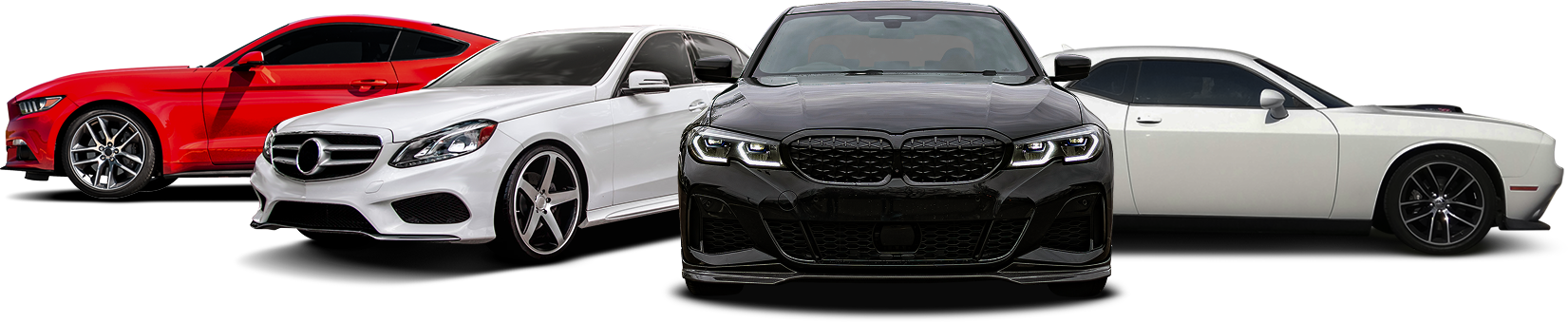 Four cars in red, white, black, and white colors, side by side, showcasing their fronts | CARSTAR Oakville West