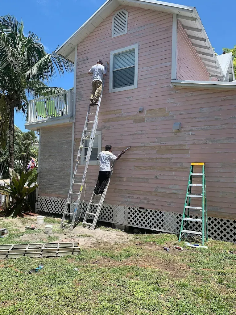 Two workers painting a pink house exterior using ladders in a sunny yard