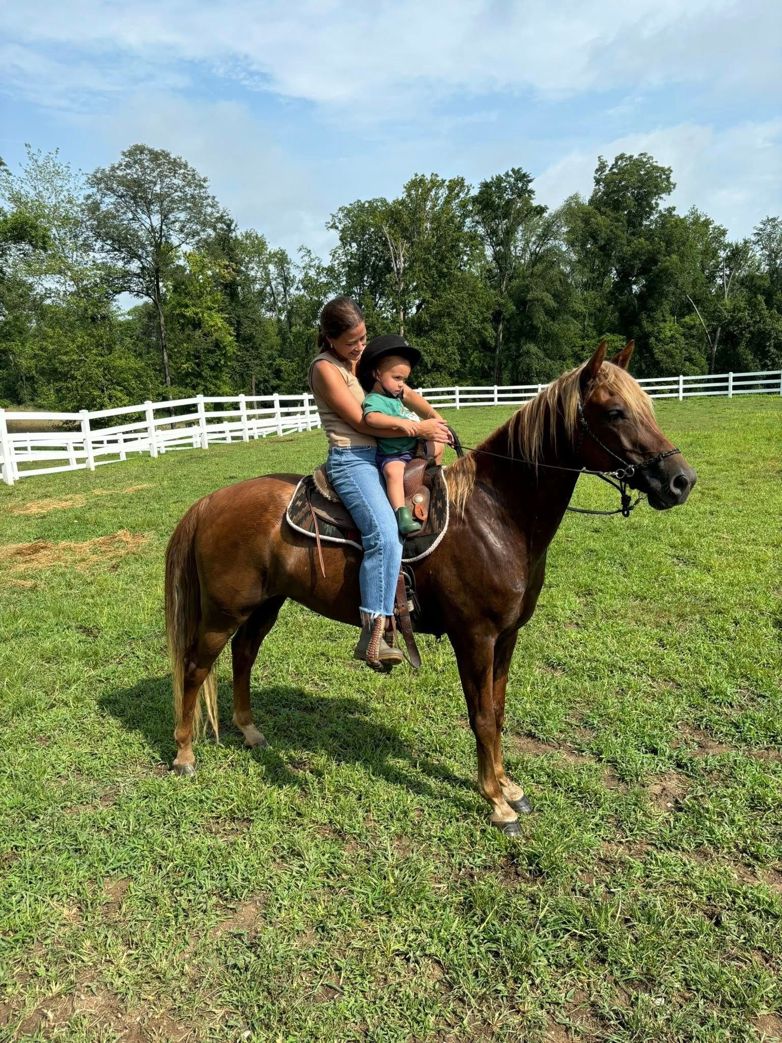 Woman and child riding a brown horse in a grassy field. White fence, trees, and blue sky are in the background.