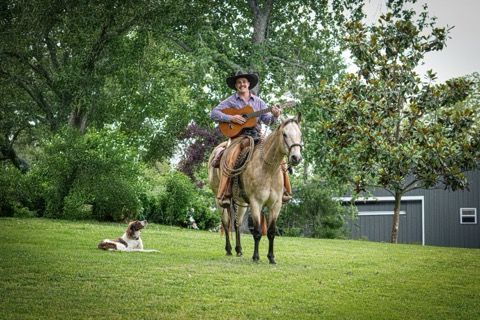 A cowboy plays guitar on a horse in a grassy yard, dog watches.