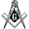 Black-and-white Masonic square and compass emblem with a central G and a small circle at the top