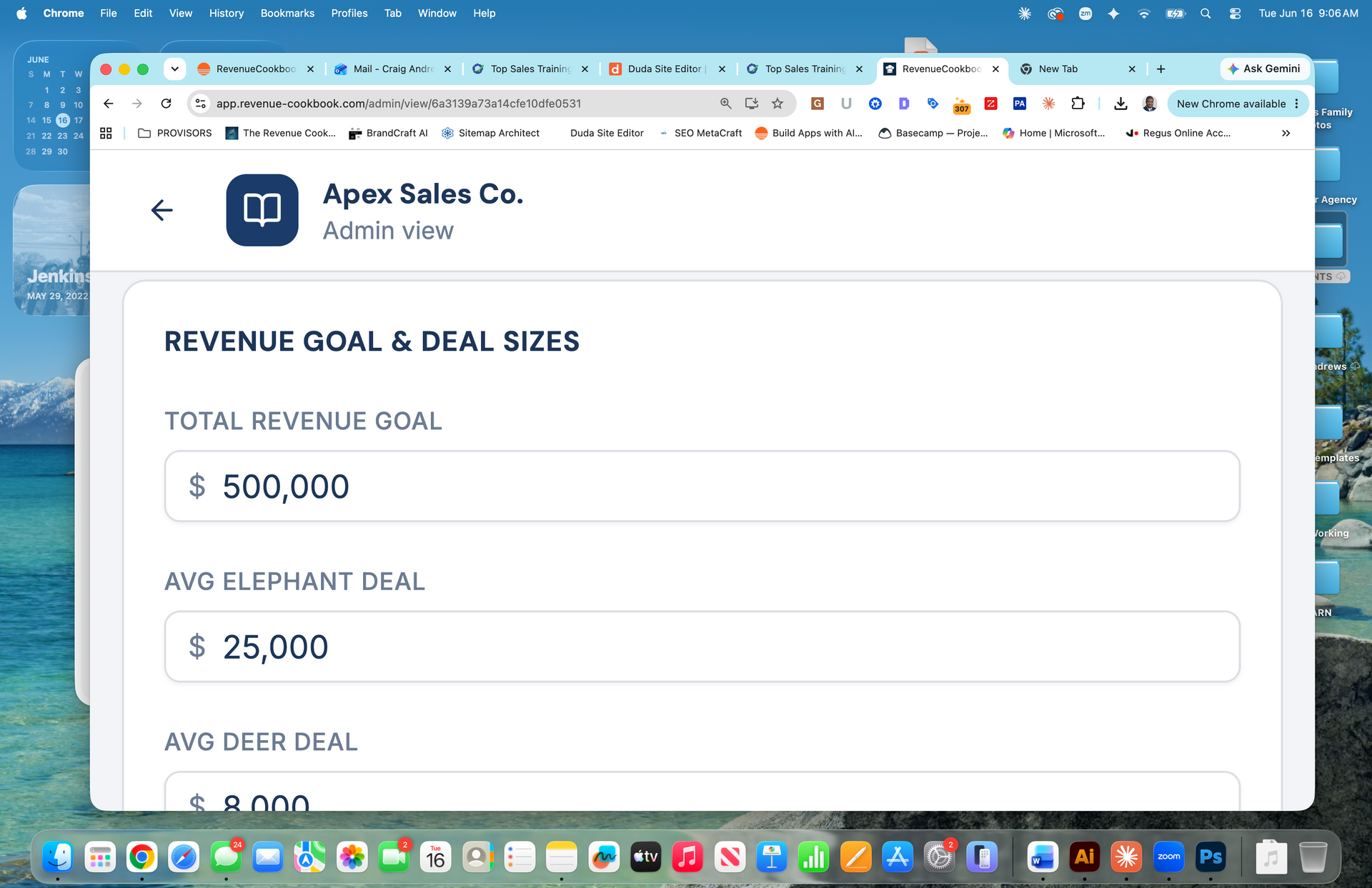 CRM dashboard for “Apex Sales Co.” showing monthly metrics and revenue targets on a laptop screen