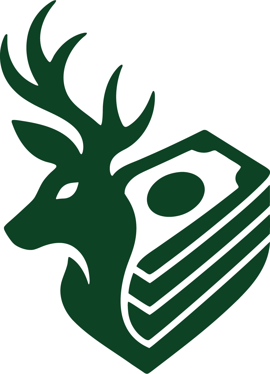 Green deer head with antlers beside a stack of banknotes icon