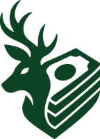 Green deer head with antlers beside a stack of banknotes icon