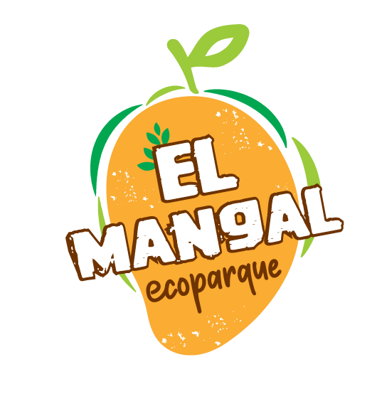 Logotipo para Ecoparque El Mangal, mango naranja con contorno verde y texto “EL MANGAL ecoparque” en marrón y blanco.
