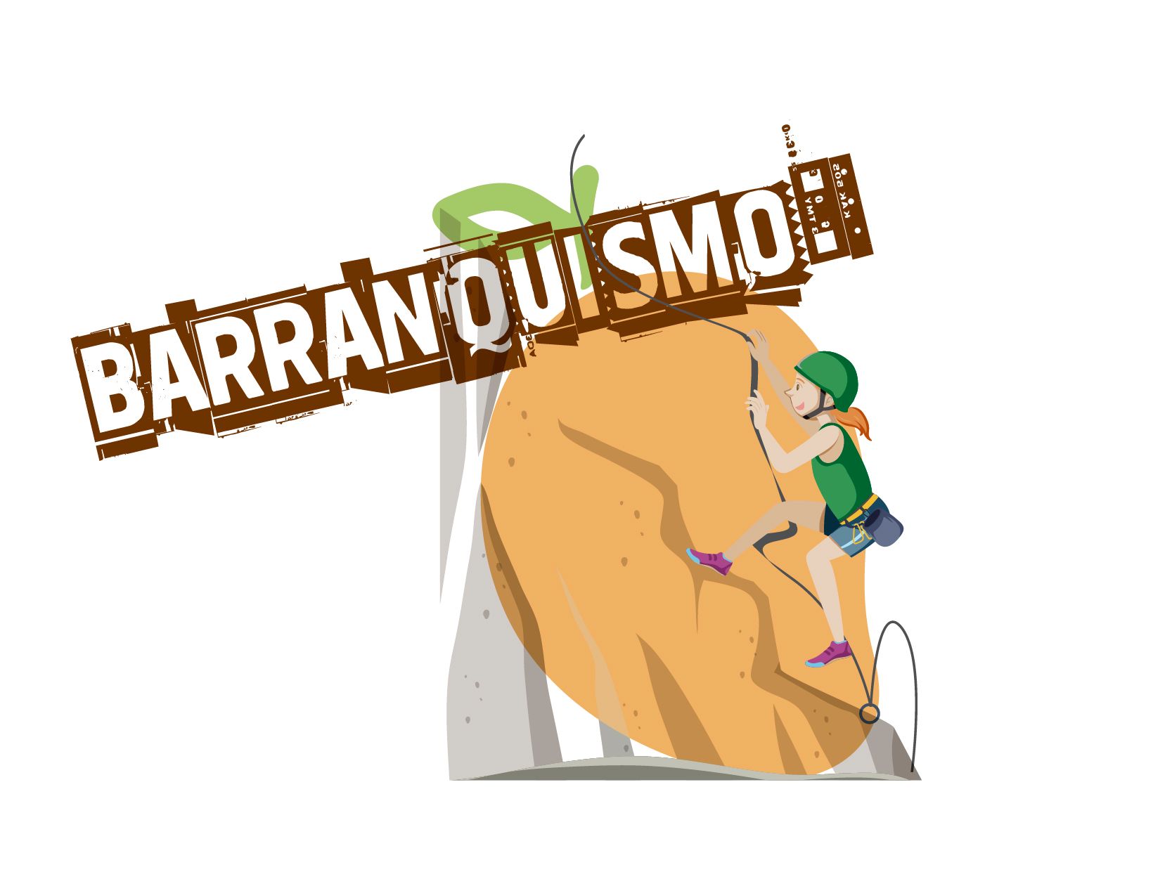 Escaladora en una pared rocosa, con el logo del Barranquismo encima. Roca naranja, equipo de escalada verde.