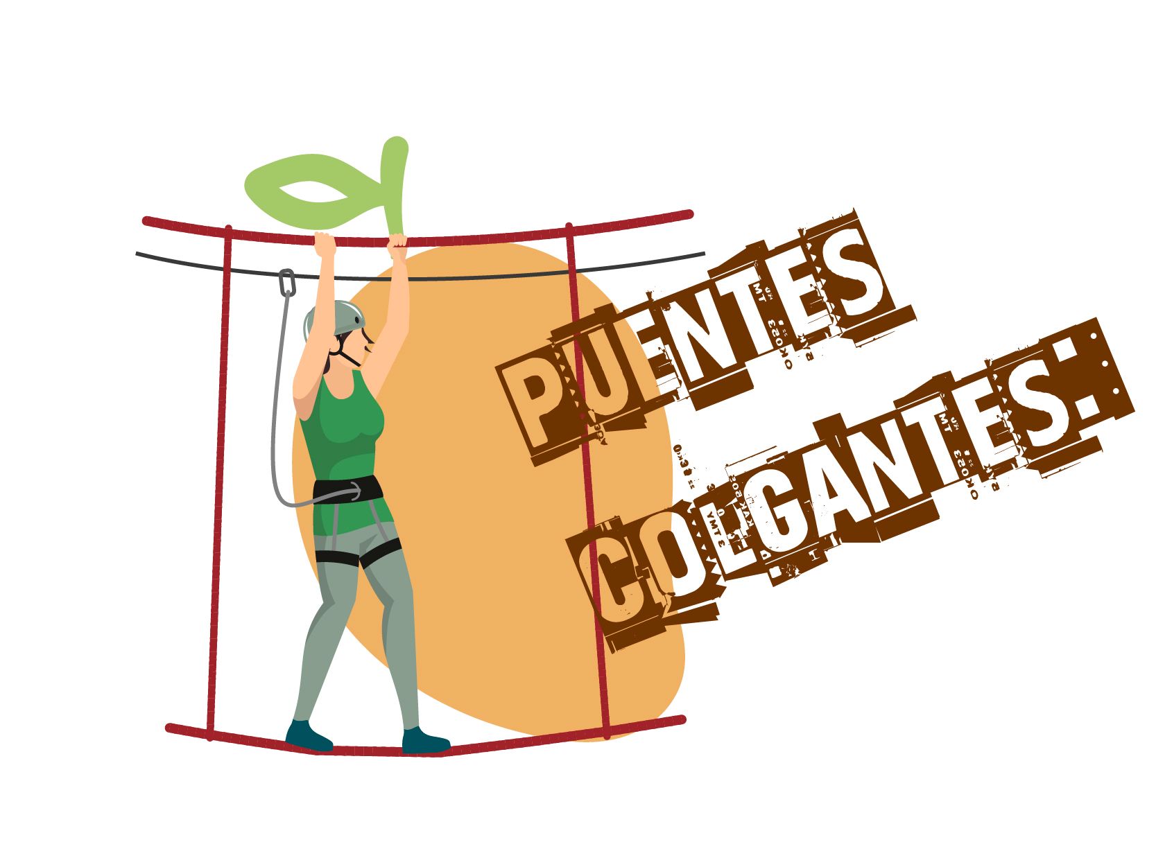Persona en un puente de cuerda con equipo de seguridad; el texto dice