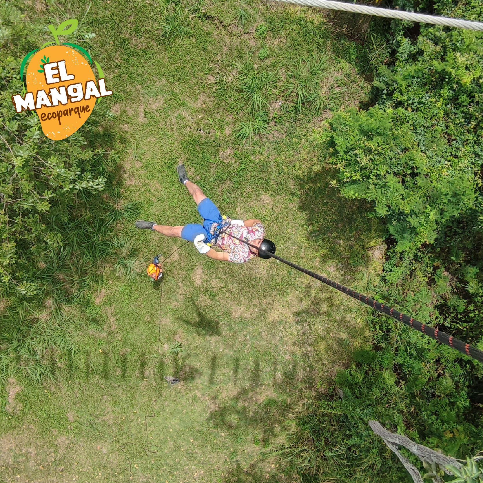 Persona descendiendo en rapel por una cuerda, vista desde arriba, rodeada de árboles verdes y césped; logotipo del Ecoparque El Mangal.