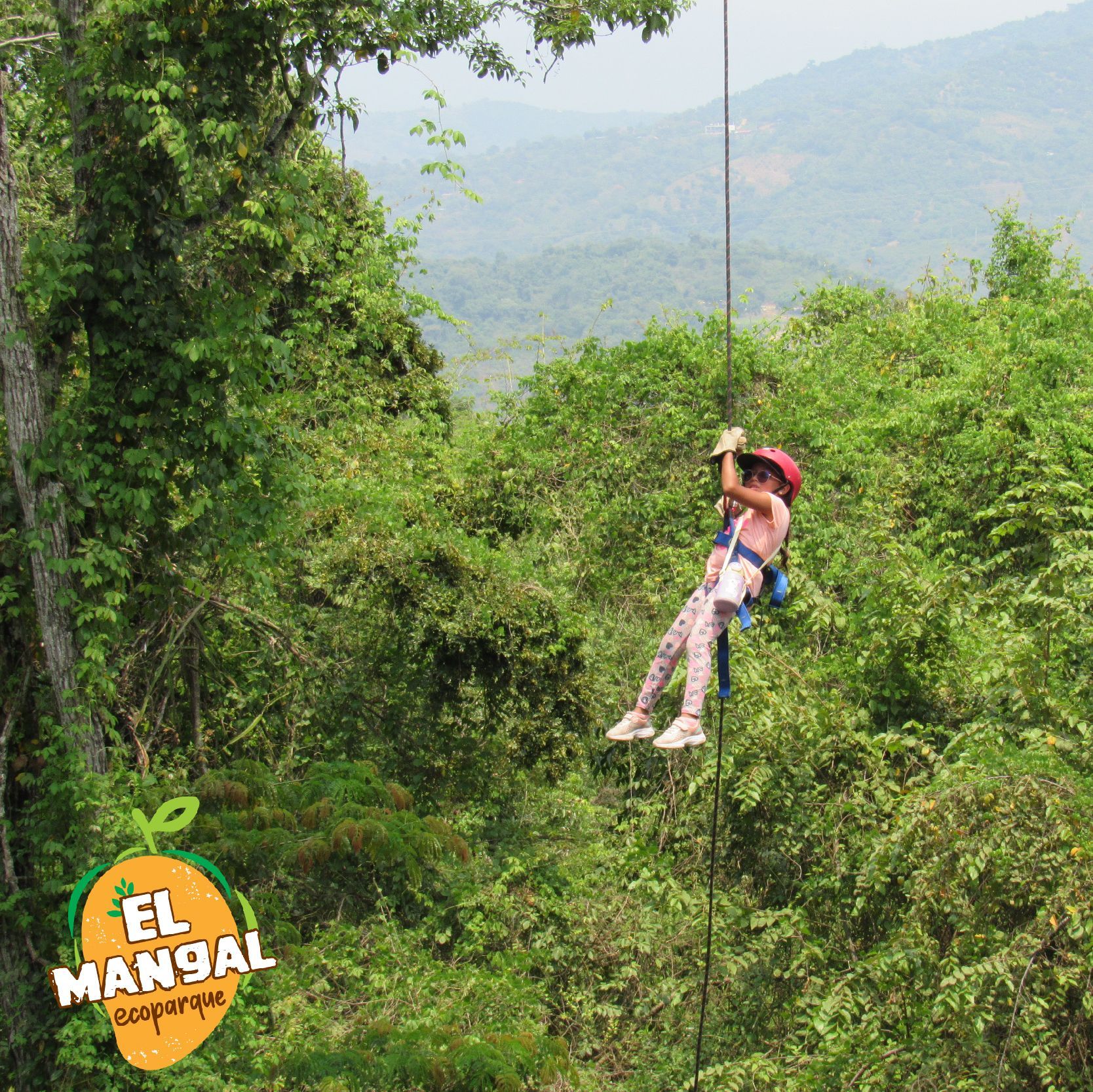 Niña haciendo tirolesa en un exuberante bosque verde en el Ecoparque El Mangal, usando casco y arnés.