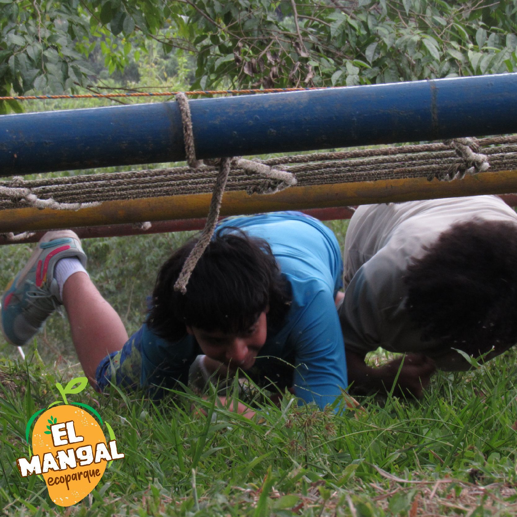 Dos personas arrastrándose debajo de una estructura baja en una zona cubierta de hierba; partes superiores azules y grises.