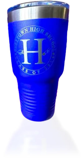 Custom engraved tumbler with the Hueytown High School logo on it