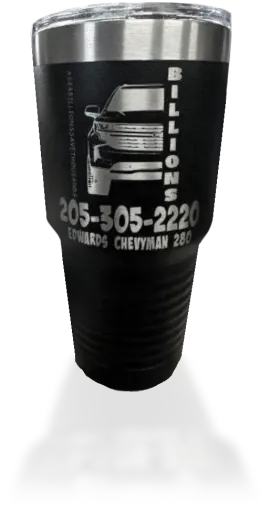 Custom engraved tumbler with the a logo that has a car an 'billions' written on it