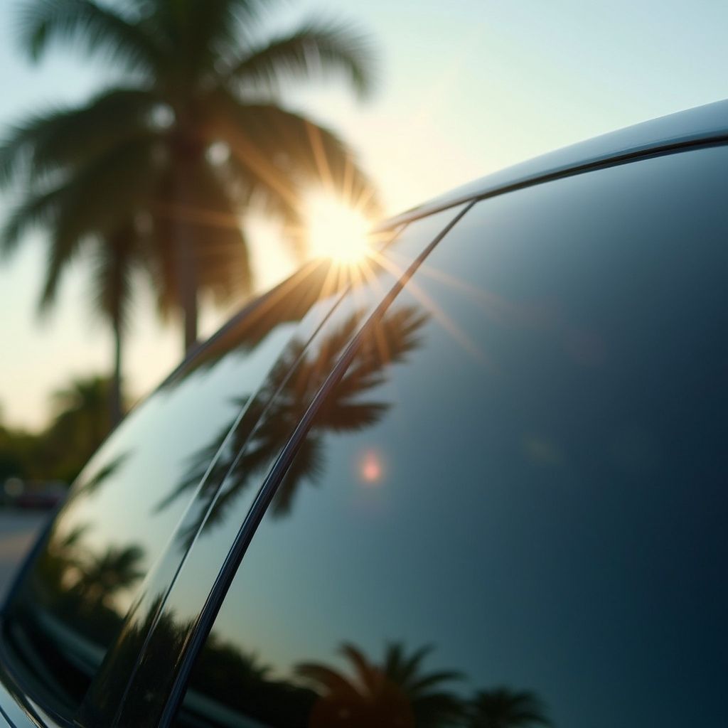 Sunlight reflecting on a car windshield with palm trees in the background