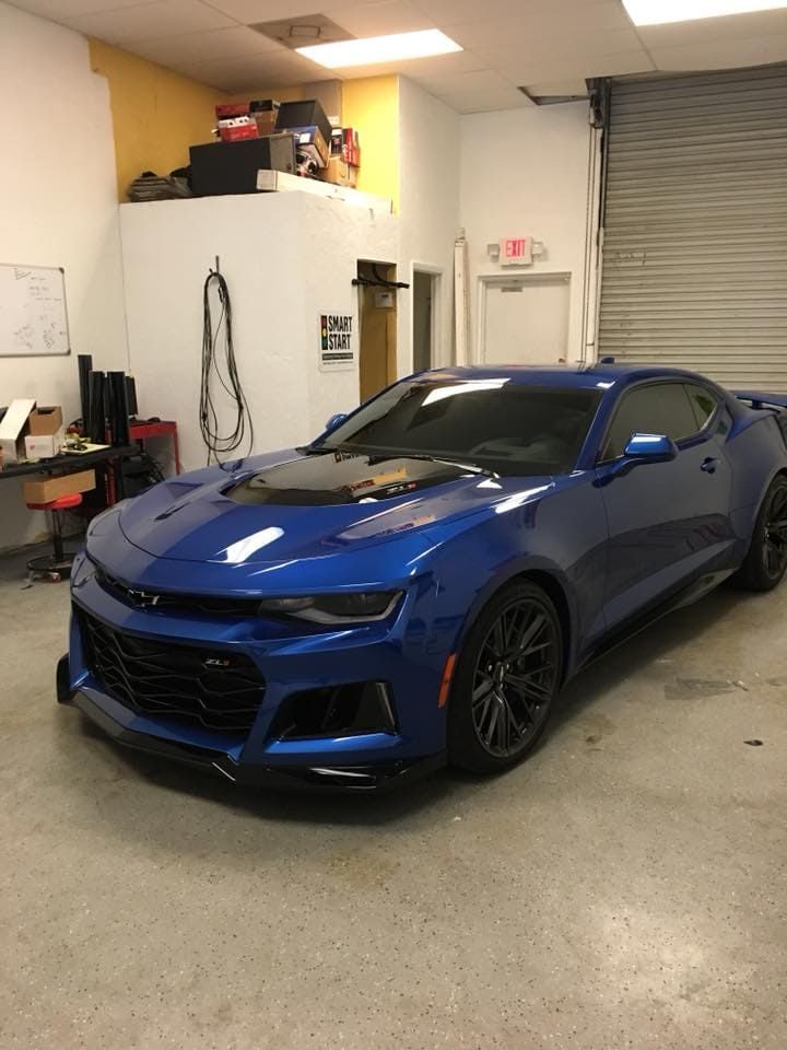 Blue sports car parked in a garage workshop with a closed roll-up door and shelves in the background