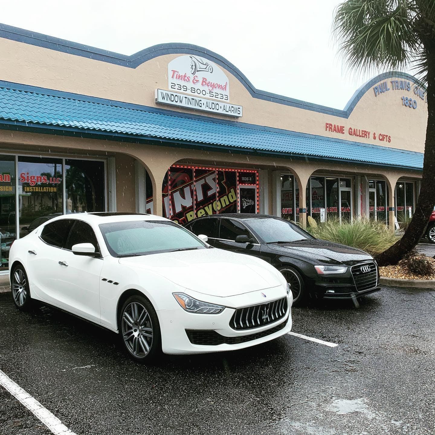 White and black sedans parked outside a strip mall in the rain