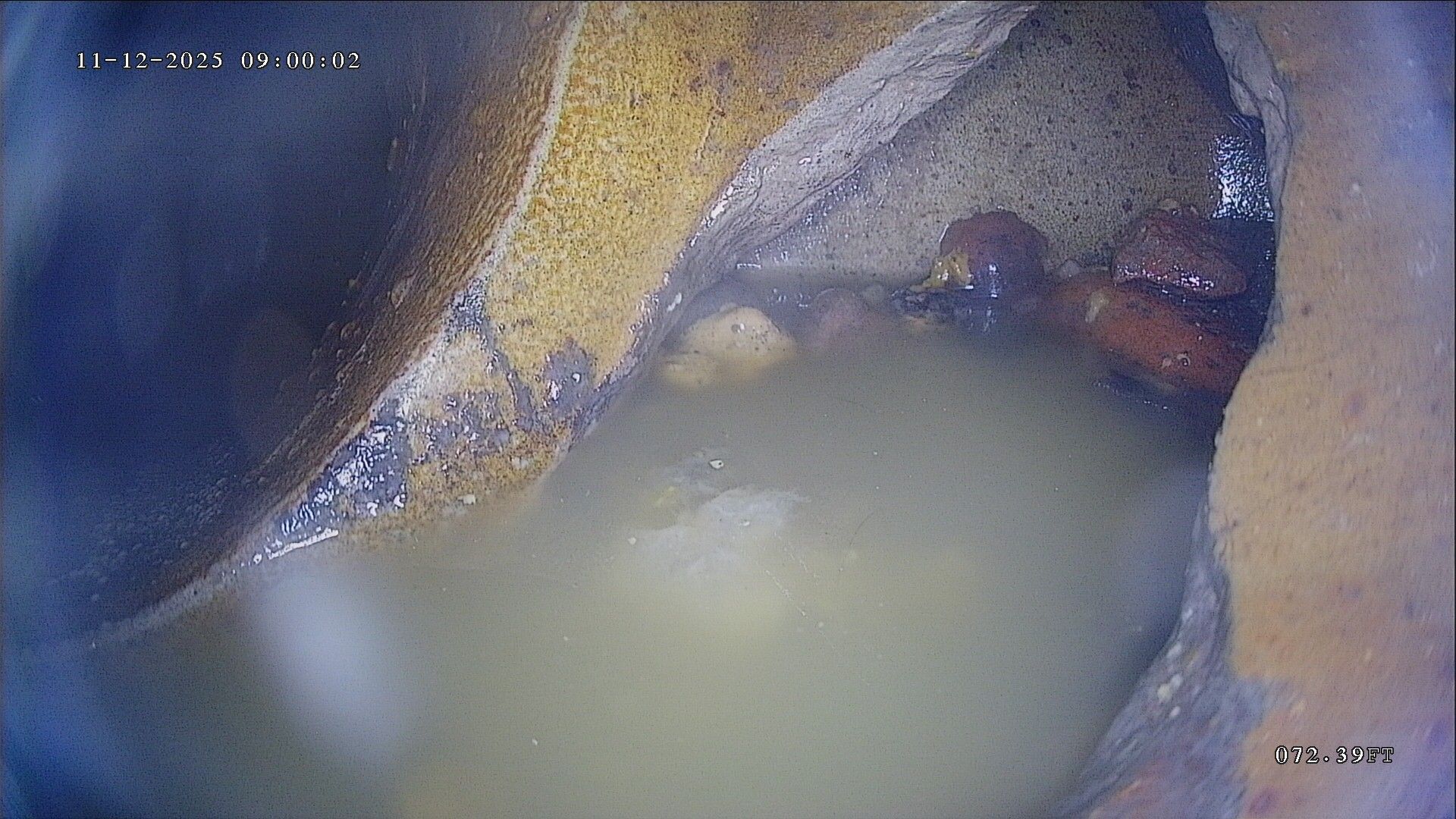 Inside of a sewer pipe filled with murky water and debris; tan and brown colors.