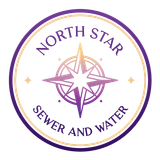 Round logo for North Star Sewer and Water. Features a compass rose in purple and gold, with text.