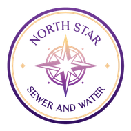 Round logo for North Star Sewer and Water. Features a compass rose in purple and gold, with text.