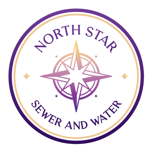 Round logo for North Star Sewer and Water. Features a compass rose in purple and gold, with text.