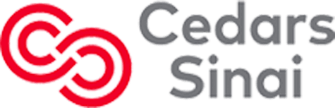 Cedars-Sinai logo in red and gray text with interlocking red symbol