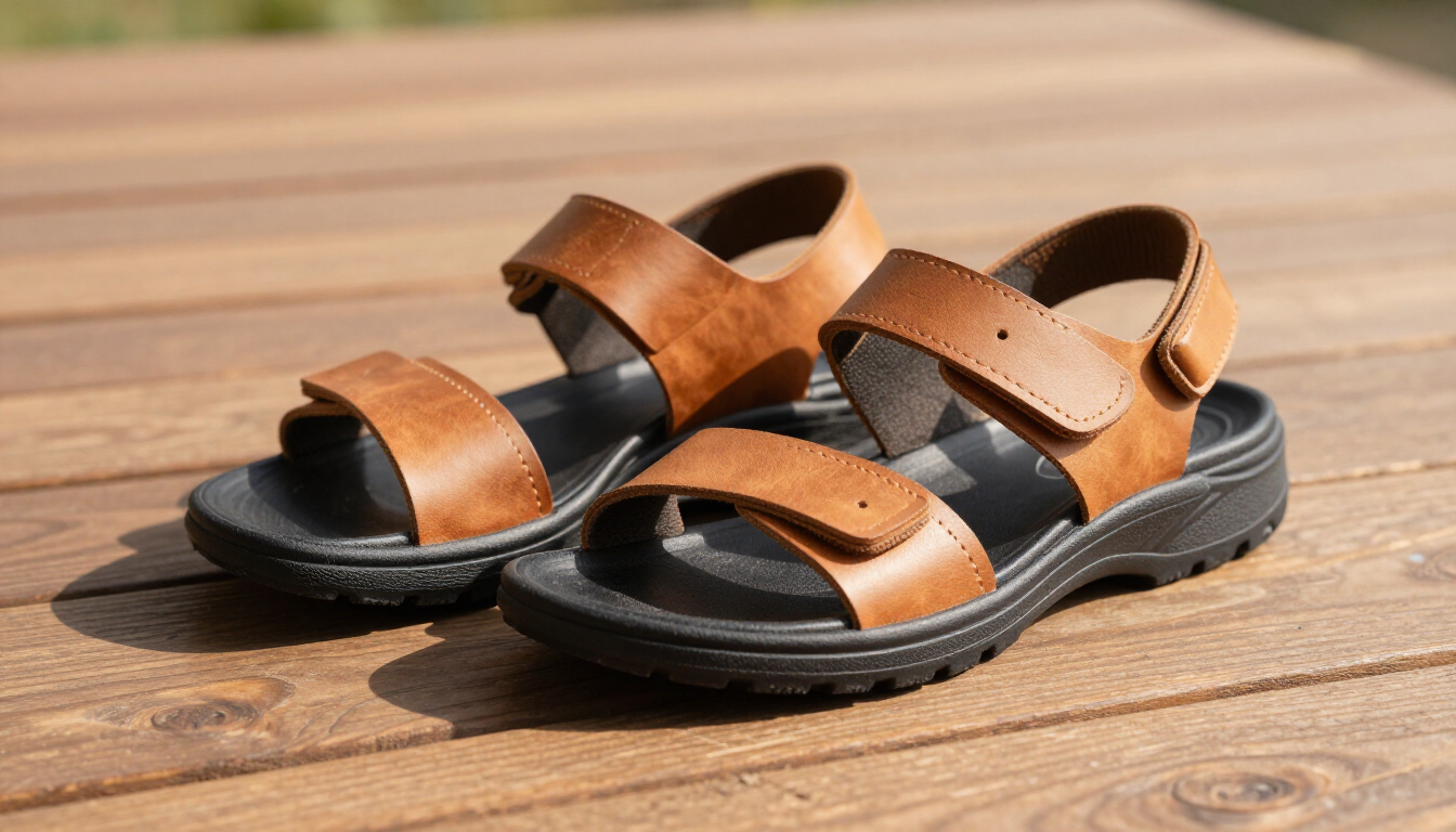 photorealistic pair of high quality walking sandals with arch support on a wooden deck sunny background