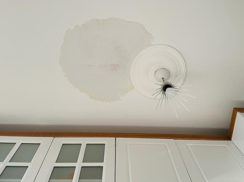 A ceiling with a stain on it and a light hanging from it