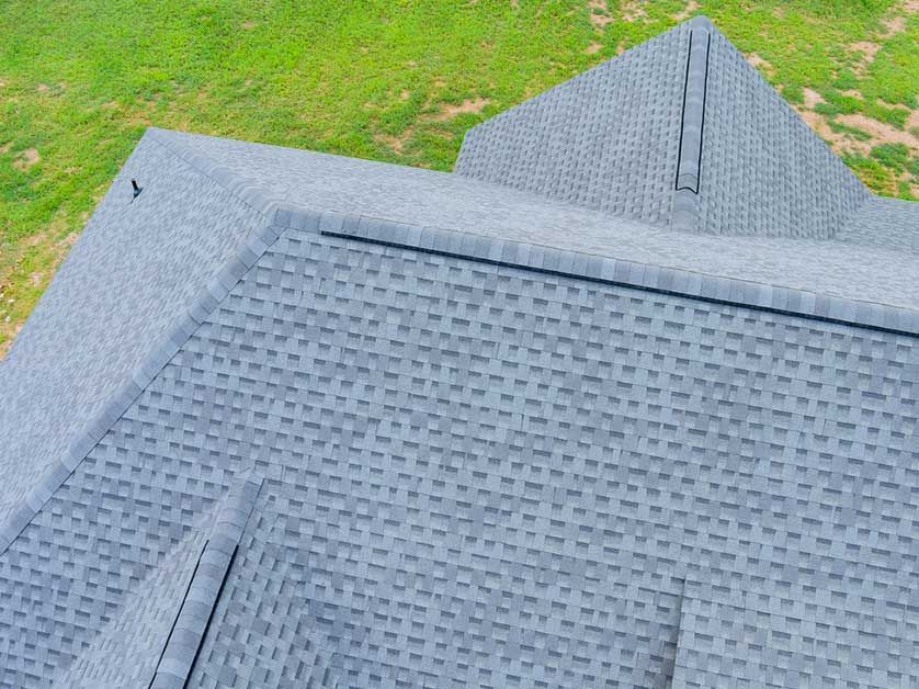 An aerial view of a roof of a house with a bird on it.