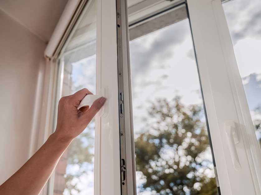 A person is opening a window with their hand.