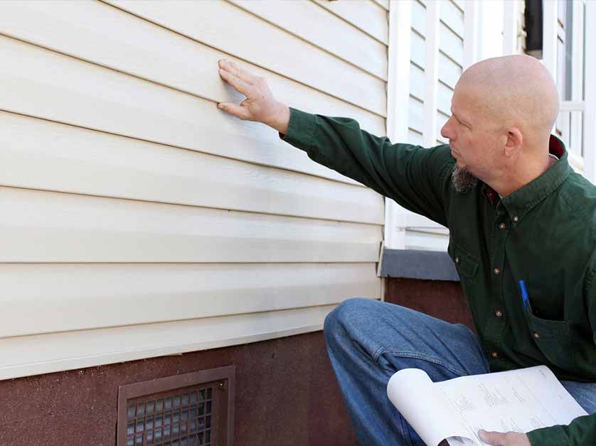 A man is kneeling down in front of a house looking at the siding.
