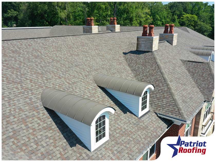 An aerial view of a roof from patriot roofing