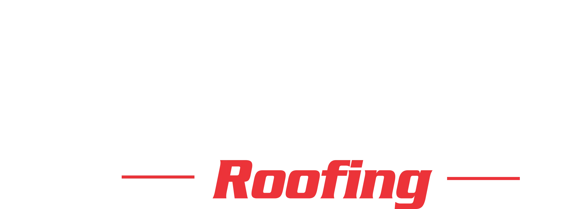 A red and white logo for a roofing company on a white background.